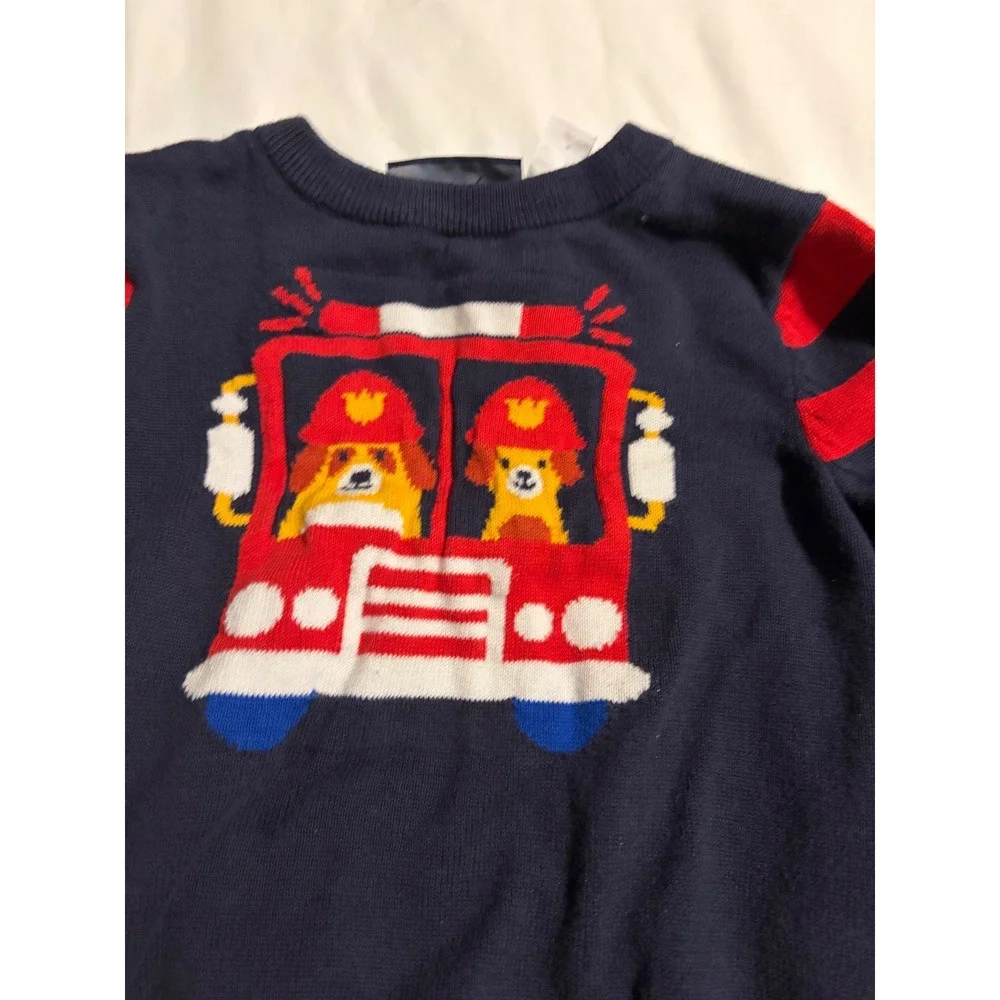 The Childrens Place‎ Boys Navy Blue Fire Truck Dog Striped Sleeve Sweater 3T